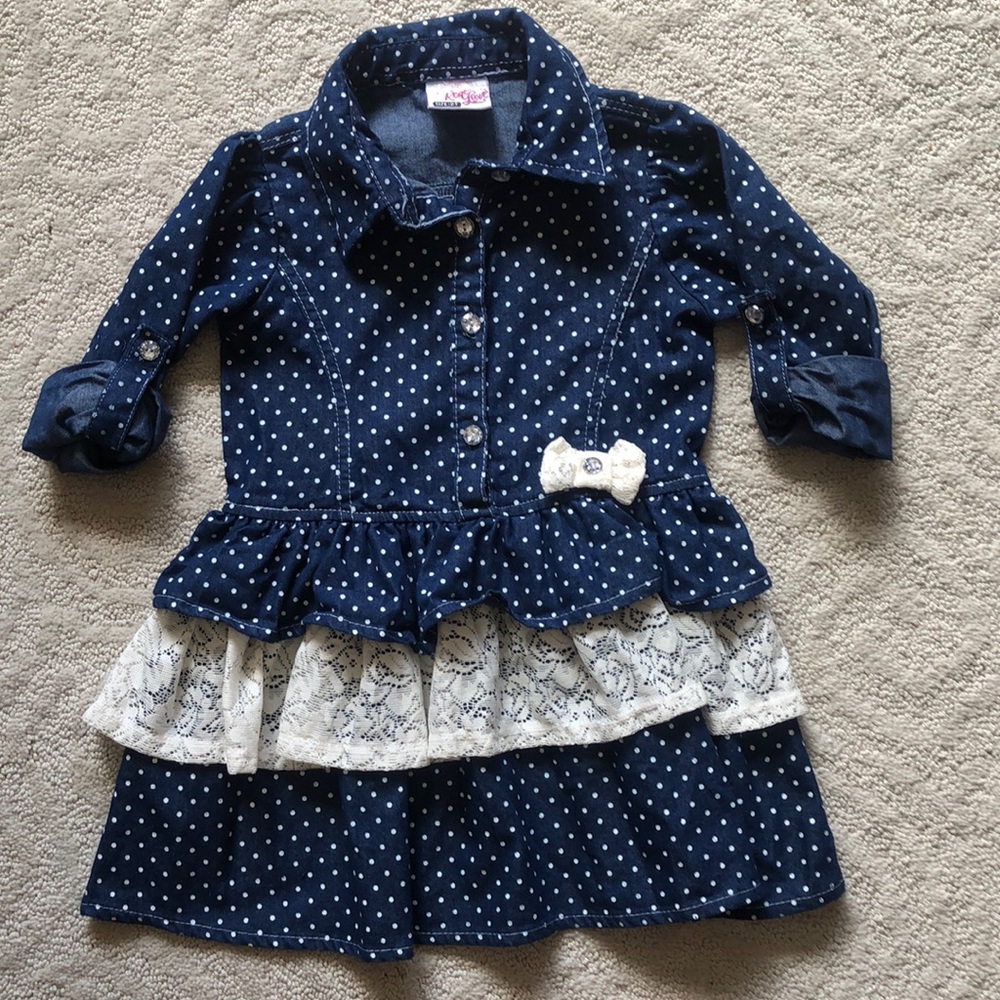 Denim polka dot dress with lace and crystal buttons!